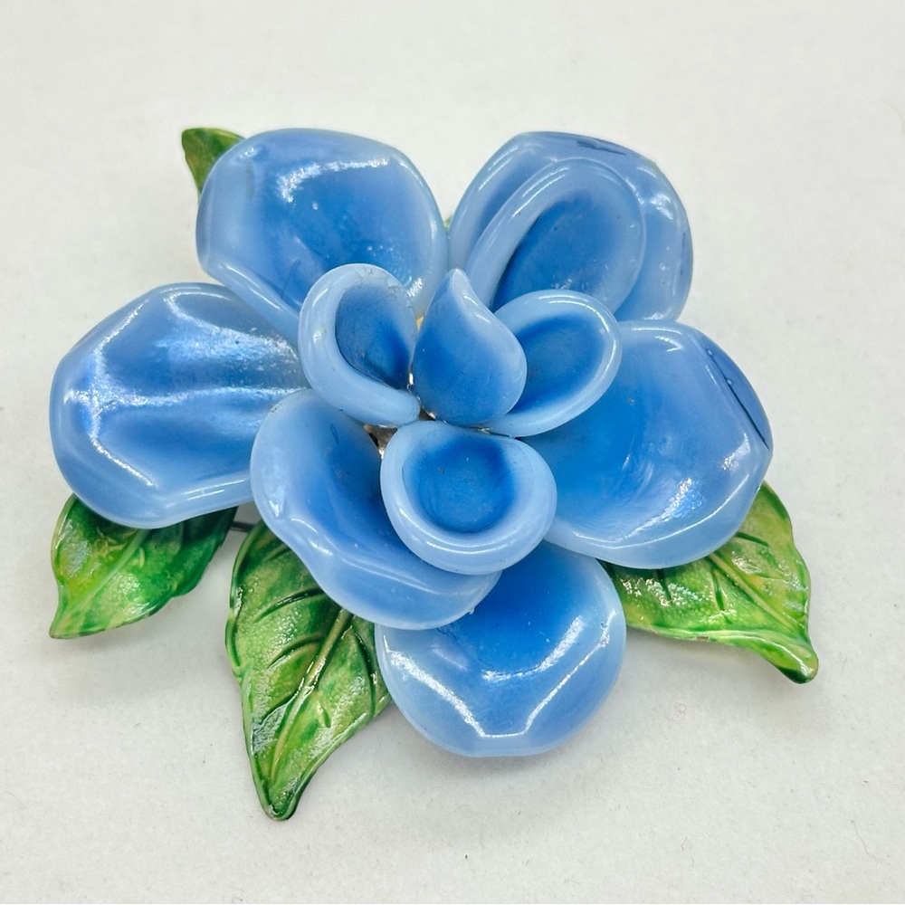 Blue Floral Glass Brooch Pin Green Leaves Enamel Painted Flower Hand Made Artist